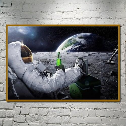 Wall Art HD Printed Canvas Painting Beers Outer Space Earth Astronauts Relaxing Moon Cuadros Poster Wall Pictures For Home Room