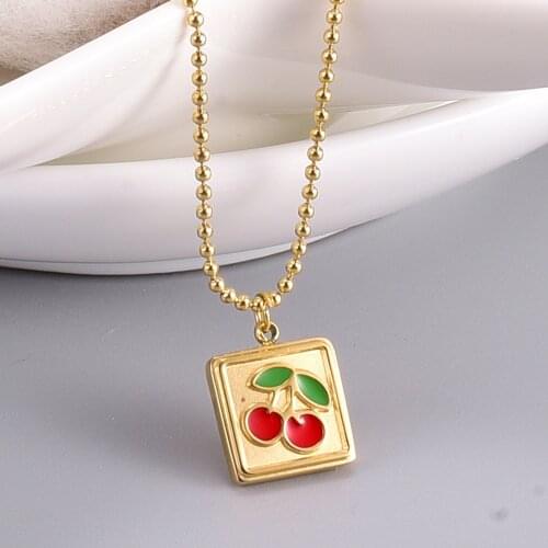New Cute Female Gold Plated Stainless Steel Enamel Colorful Cherry Square Choker Necklace For Women Girls Trendy Jewelry Gift