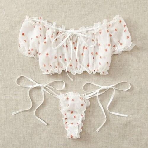 New Lingerie Set Womens Underwear Cute Strawberry Print Off Shoulder Brassiere+Thong Erotic Lingerie Transparent Underwear