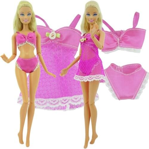 One Set Rose Pajamas Dress Handmade Doll Clothes Lace Bra Tops Underwear Bedroom Sleeping Night Clothes for Barbie Doll DIY Toy