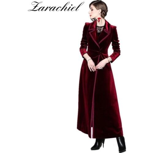 2019 Spring Autumn Burgundy Velvet X-Long Overcoat Womens Notched Collar Outwear Vintage Ankle Length Thick Maxi Trench Coat