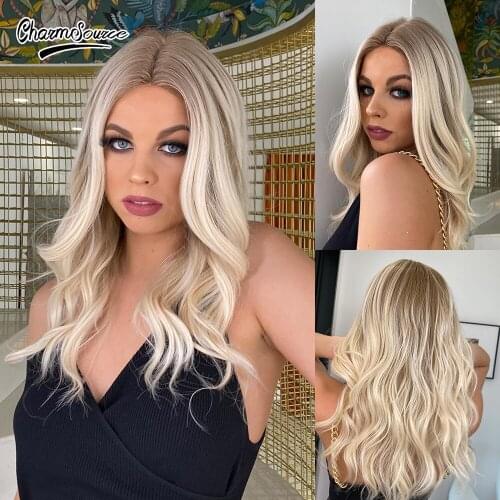 CharmSource Lace Front Wig White Blonde Synthetic Wigs Long Natural Wavy for White Black Women Daily Party Wedding Cheap Hair
