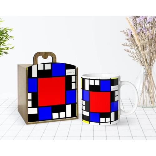 Tailor-made In Wooden Box Mondrian Design White Mug Bardak-4