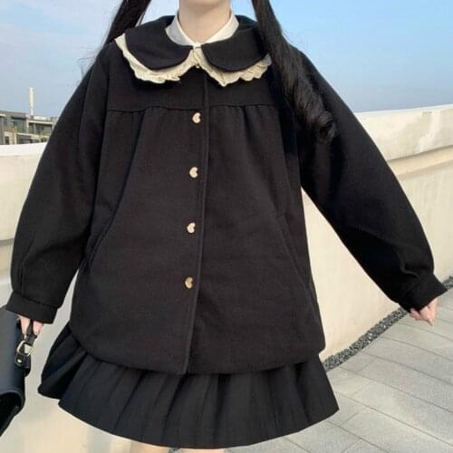 Japanese Cute Kawaii Girl Gothic Lolita Loose Wool Coat Preppy Gentle Sweet Fairy Heart Button Elegant Chic Young Woman Overcoat