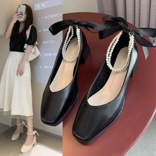 Spring Autumn Women Dress Shoes Square Toe String Bead Pumps Cross-tied High Heels Back Bowtie Ankle Strap Ladies Shoes 9308L