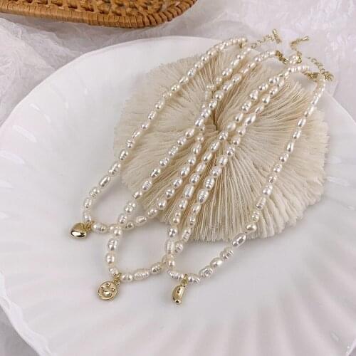 U-Magical Temperament Beaded Beans Pendant Necklace for Women Imitation Pearl Gold Love Heart Smile Face Metal Necklace Jewelry