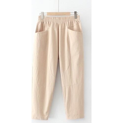 Plus Size XL-3XL Womens 8/10 Pants Elastic Waist Solid Simple Summer Pants with Big Pockets