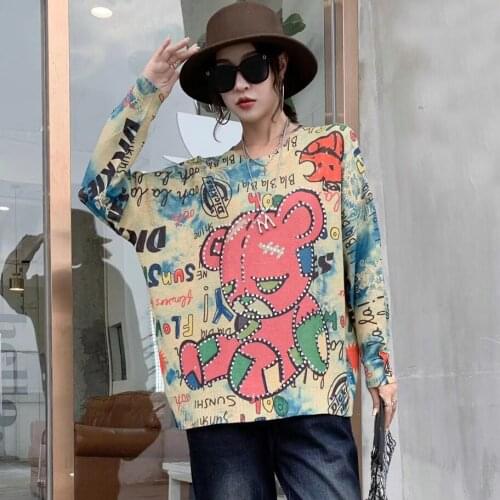 21808 Vintage Autumn Bear print Bronzing Diamond Full Sleeve Knitted Pullover Elegant Korea Fashion Casual Sweater Top Tide
