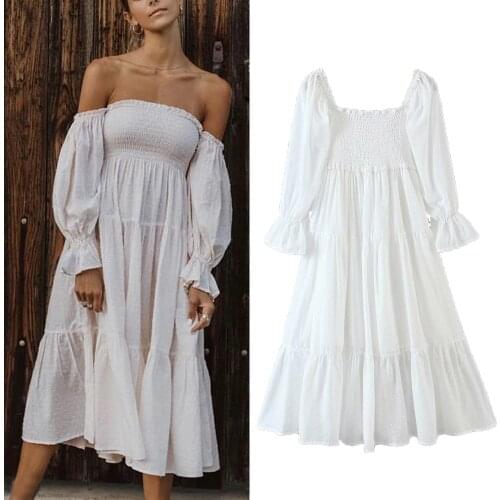New Elegant Women Flowy White Dress Sexy Square Neck Back Bow Tie A-line Midi Party Dresses Summer Robe Femme