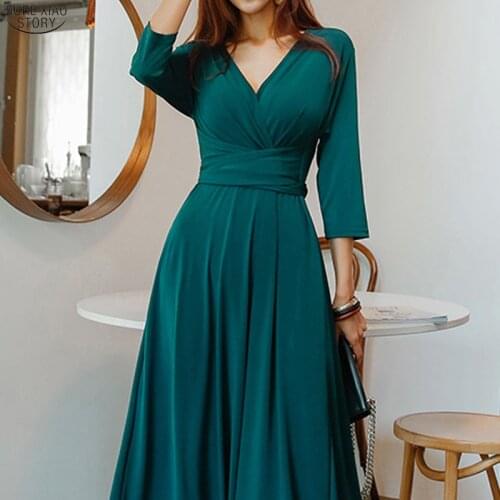 High Waist A-Line Female Dress 2021 Sexy V-Neck Solid Midi Dress Women Bow Belt Vintage Elegant Party Dress Vestidos 13020