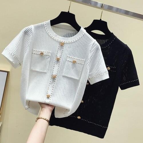 2021 Summer New Womens Fashion O-neck Slim Short Sleeve Casual Style Blouse Female Plus Size Ice Silk Knitting Tops Shirts T15