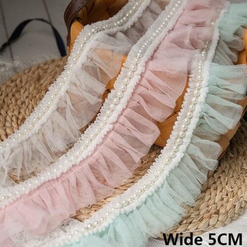 6CM Wide Luxury Embroidery 3D Pleated Mesh Fabric Lace Fringe Ribbon Collar Beads Ruffle Trim Dress Cloth DIY Sewing Decoration