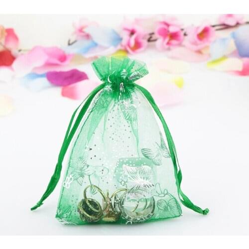 9x12cm (3.5"x4.7") 100pcs Dark Green Organza Bag Butterfly Wedding Candy Jewelry Packaging Bags Cute Drawstring Pouch Gift Bag