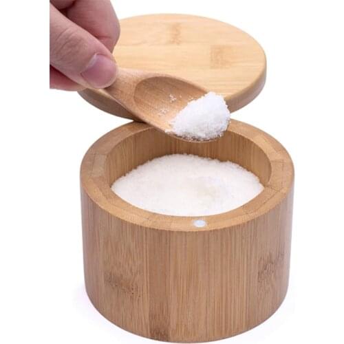 Bamboo Wood and Spice Storage Box with Lid Cover Wooden Teaspoon.Natural and Eco-Friendly Perfect for Sugar Salt 2 PCS
