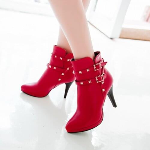 Rivets Faux Leather Booties Pointed Toe Heel Women Boots Fashion Buckle Ankle Boots Women Shoes Zipper Cheap High Heel Boots 39