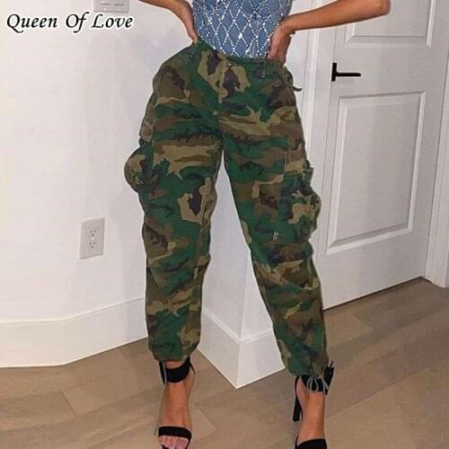 Camouflage Cargo Pants Women High Waist Button Pocket Loose Casual Trousers 2021 Female Streetwear Autumn Long Pant Y2K