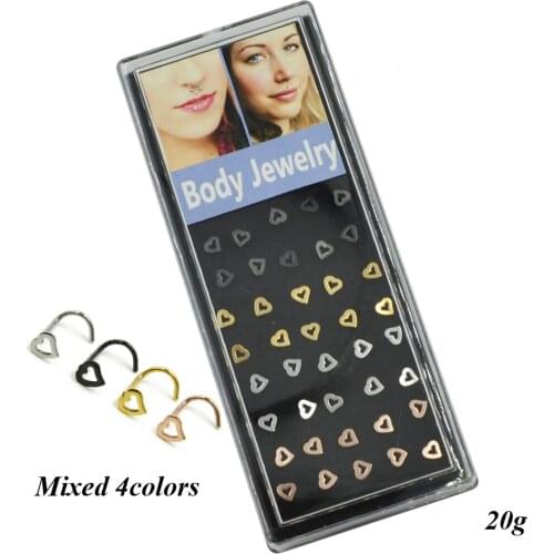 40pcs/box Surgical Steel Colorfull Titanium Anodized Hollow Heart Nose Screw Stud Ring Body Jewelry Piercing 20g