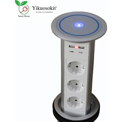 European EU Socket USB Plug Ports Wireless Fast Charger Silver Tabletop Hidden Power Sockets Electric Pop Up Desktop Outlets CE