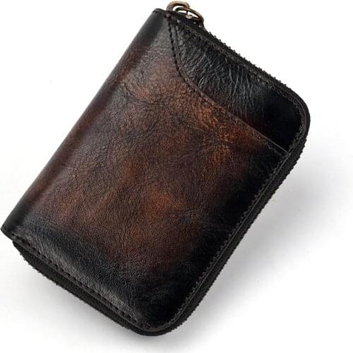 Real Cowhide Clutch Zipper Mini Bag Bifold Coin Purse Vintage Men Photo Credit Card Holder Genuine Leather Short Wallet