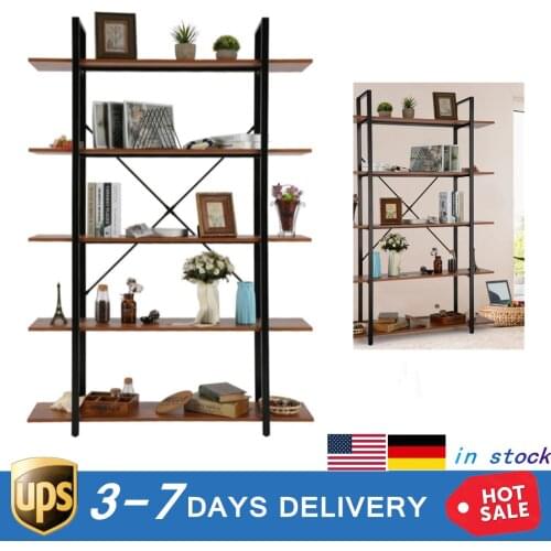 5 Tiers Bookshelf Plant Flower Stand Wood Grain Storage Shelf for Home Office Enough Space Metal Frame and MDF Boards Two Crossb