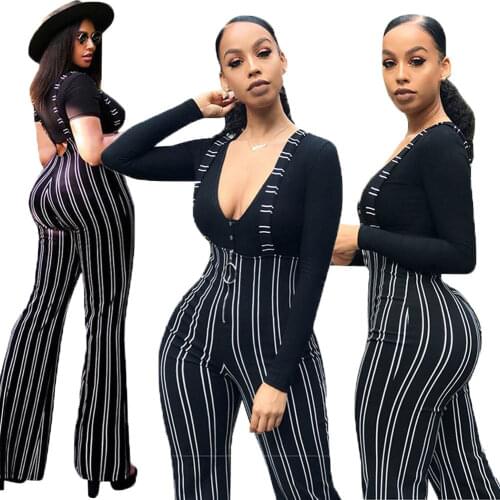 New Fahsion Womens Clubwear Striped Jumpsuits Strap Dungaree Ladies Overall Pants Playsuit Bodycon Suspender Flared Trousers
