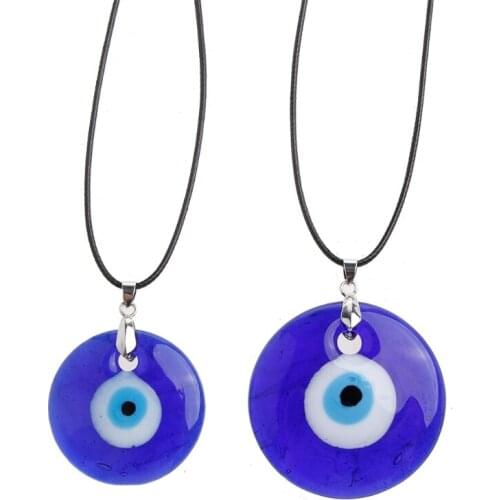 Round Drop Shape Evil Eye Pendant Necklace Black Leather Rope Chain Turkish Protect Lucky Necklace for Women Men Gifts