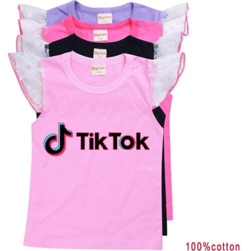 TIK TOK Cartoon summer girl cotton T shirt children white gauze sleeve vest T shirt top T shirt casual wear