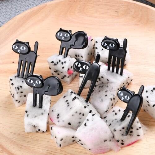 6pcs/pack Mini Cartoon Snack Cake Dessert Food Fork Black Cat Fruit Fork Bento Lunches Toothpick Party Decor