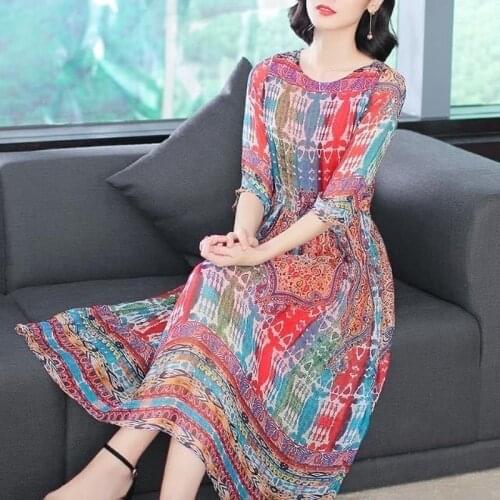 2021 Imitate Silk Dress New Summer Middle Aged Women Loose Plus Size Casual Print Beach Holiday Vintage Dresses Vestidos Y822