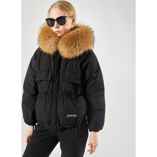 2021 Winter Large Real Raccoon Fox Fur Hooded Short Duck Down Parka Women Long Sleeve Warm Fashion Loose Shell Plus Puffer Coat