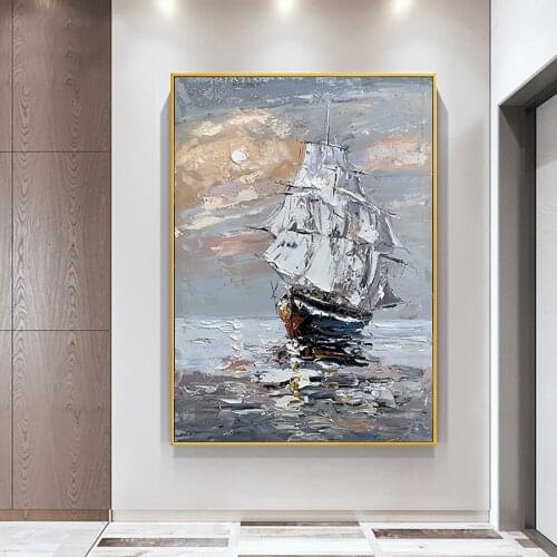 Hand Painted Abstract Decorative Painting Sailboat Sea On Canvas Painting For Living Room Home Decor Hanging Paintings Unframed
