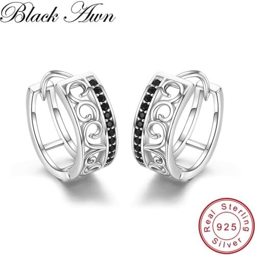 925 Sterling Silver Black Spinel Trendy Engagement Hoop Earrings for Women Fine Jewelry Bijoux Pendientes Mujer Moda I030