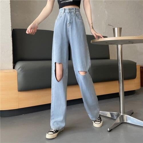 Spring and summer new wide leg pierced jeans high waist fashion straight tube solid color casual jeans pants джинсыженскиемодные