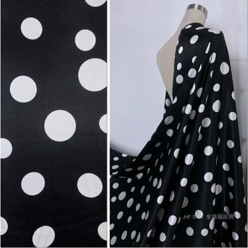 1 Meter White Dots Silk Fabric Dress Shirt Wide Stretch Satin Inkjet Black Background