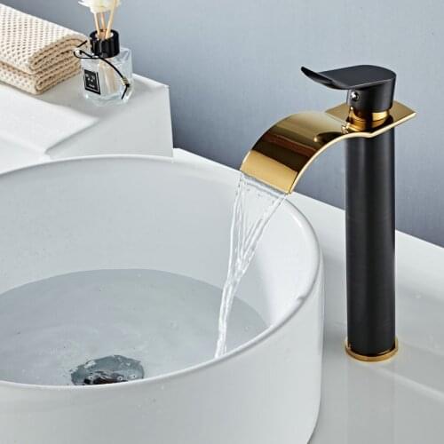 Basin Faucet Black and Gold Brass Faucet Hot & Cold Sink Faucet Waterfall Mixer Taps Bathroom Faucet Lavatory Mixer