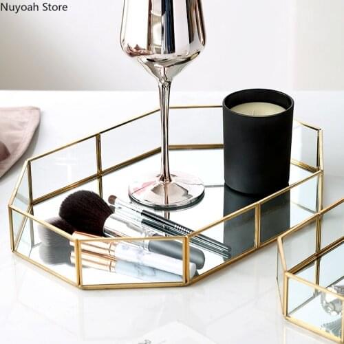 Glass Mirror Storage Tray Cosmetic Storage Ornaments Jewelry Storage Retro Copper Strip Octagonal Tray Living Room Decoration