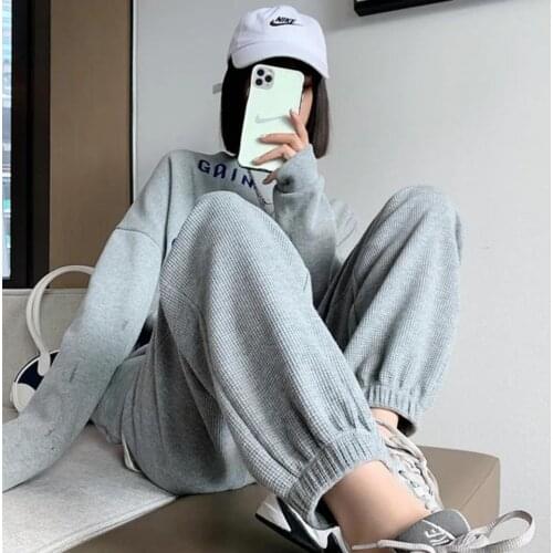 Waffle sweatpants womens gray spring and autumn loose-fitting pants 2021 new nine-point Haram casual pants