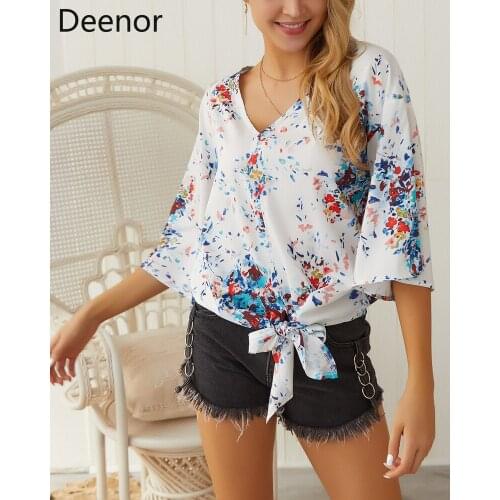 Deenor Floral Print Women Blouses White Casual Tops Long Sleeves Bohemian Blouse Fashion V Neck Female Shirts Blusas