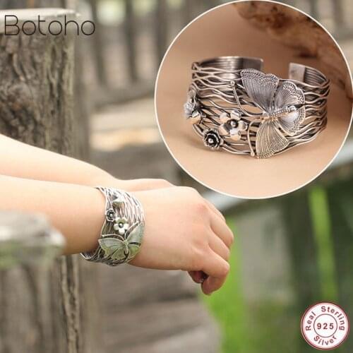 100% pure 925 Sterling silver colour Bracelet women wide 40mm Thailand handmade butterfly flowers opening Bracelet Hollow women