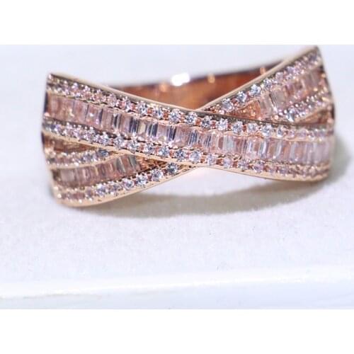 2018 New Arrival Sparkling Belt Luxury Jewelry 925 Silver&Rose Gold Fill Cross Ring Princess 5A Zirconia Women Wedding Band Ring