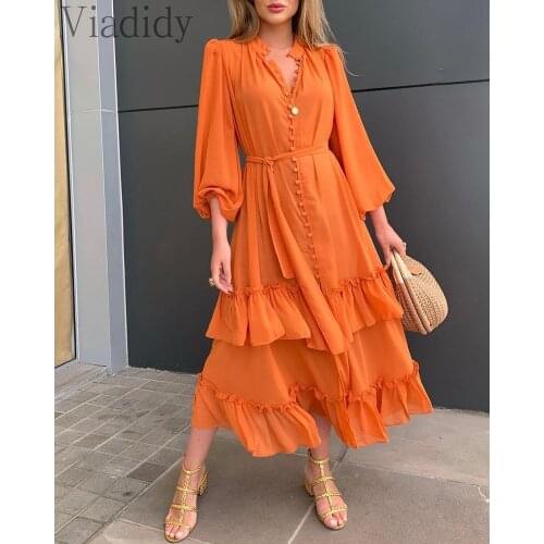 Women Orange Ruffles Frill Hem Lantern Sleeve Button Front Long Dress