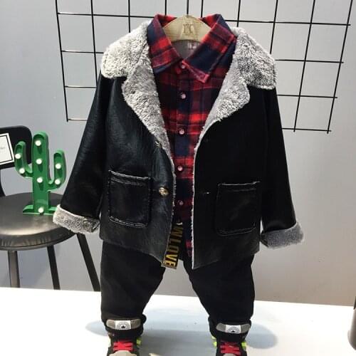 Winter Childrens Jackets PU Leather Boys Lambswool Coats Plus Velvet Warm Childrens Outwear Kids Tracksuit Locomotive Jackets