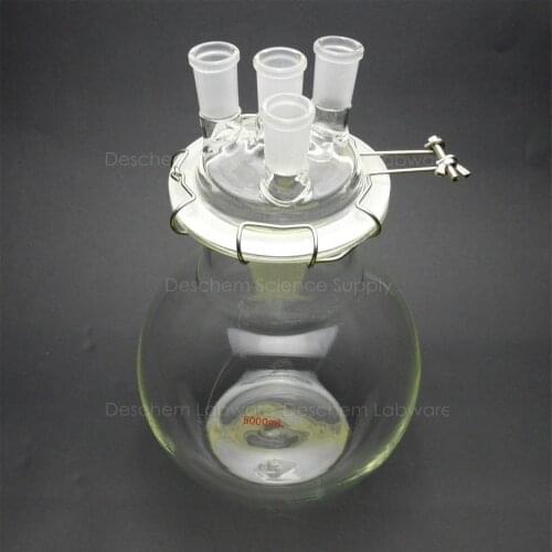 10000ml,24/40,Reaction Flask,10Litre,4-Neck,Flat Bottom Glass Reactor,With Clamp And Lid