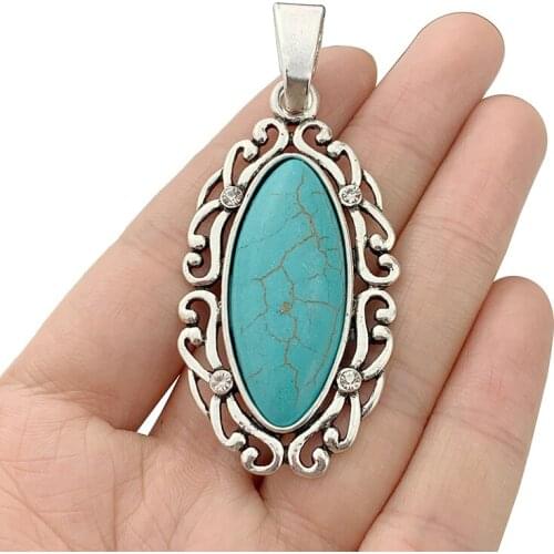 2 x Antique Silver Color Spiral Swirl & Faux Turquoise Charms Pendants for Necklace Jewelry Making Accessories 69x31mm