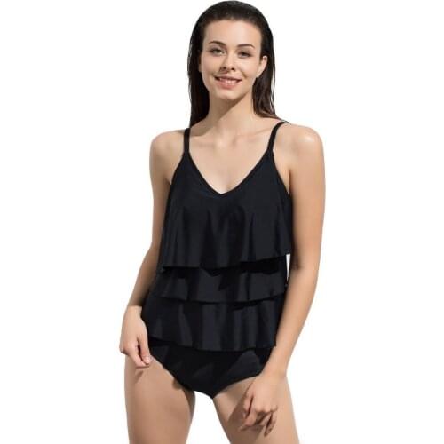 2019 New Womens Swimwear Triple Ruffle Design Swimsuits With Shorts Beachwear Bathing Suit Black,Coral Red,Navy Blue Swimdress