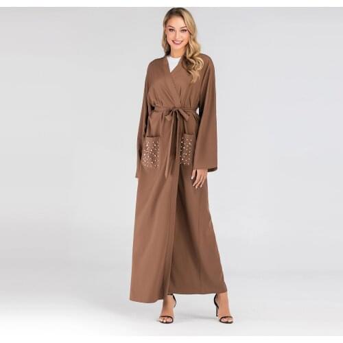 High Waist Muslim Abaya Ropa Beading Pockets Islamic Muslim Clothing Open Stitch Kimono Style Casual Outerwear T1738