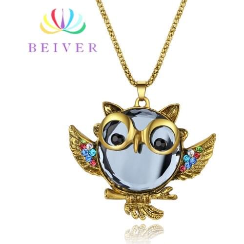 Beiver Fashion Bronze Animal Necklace Cute Owl Crystal Necklace Color Zircon Wings Party Holiday Jewelry The Best Gift for Girls