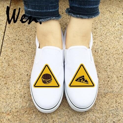 Wen Slip On White Sneakers Hamburger Pizza Traffic Warning Signs Original Design Black Girl Boys Canvas Shoes Low Platform Flat