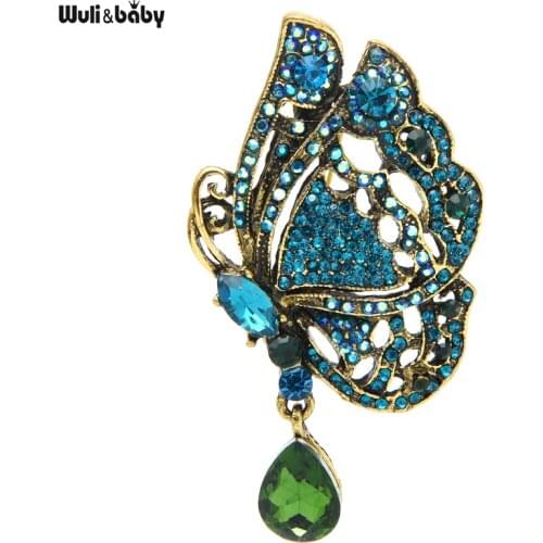 Wuli&baby Waterdrop Rhinestone Butterfly Brooches For Women Vintage Beauty Insects Party Office Brooch Pins Gifts