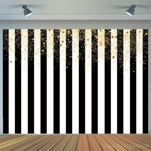 Black White Striped Golden Glitter Photo Background Women Adult Birthday Family Portrait Photocall Backdrops Photography